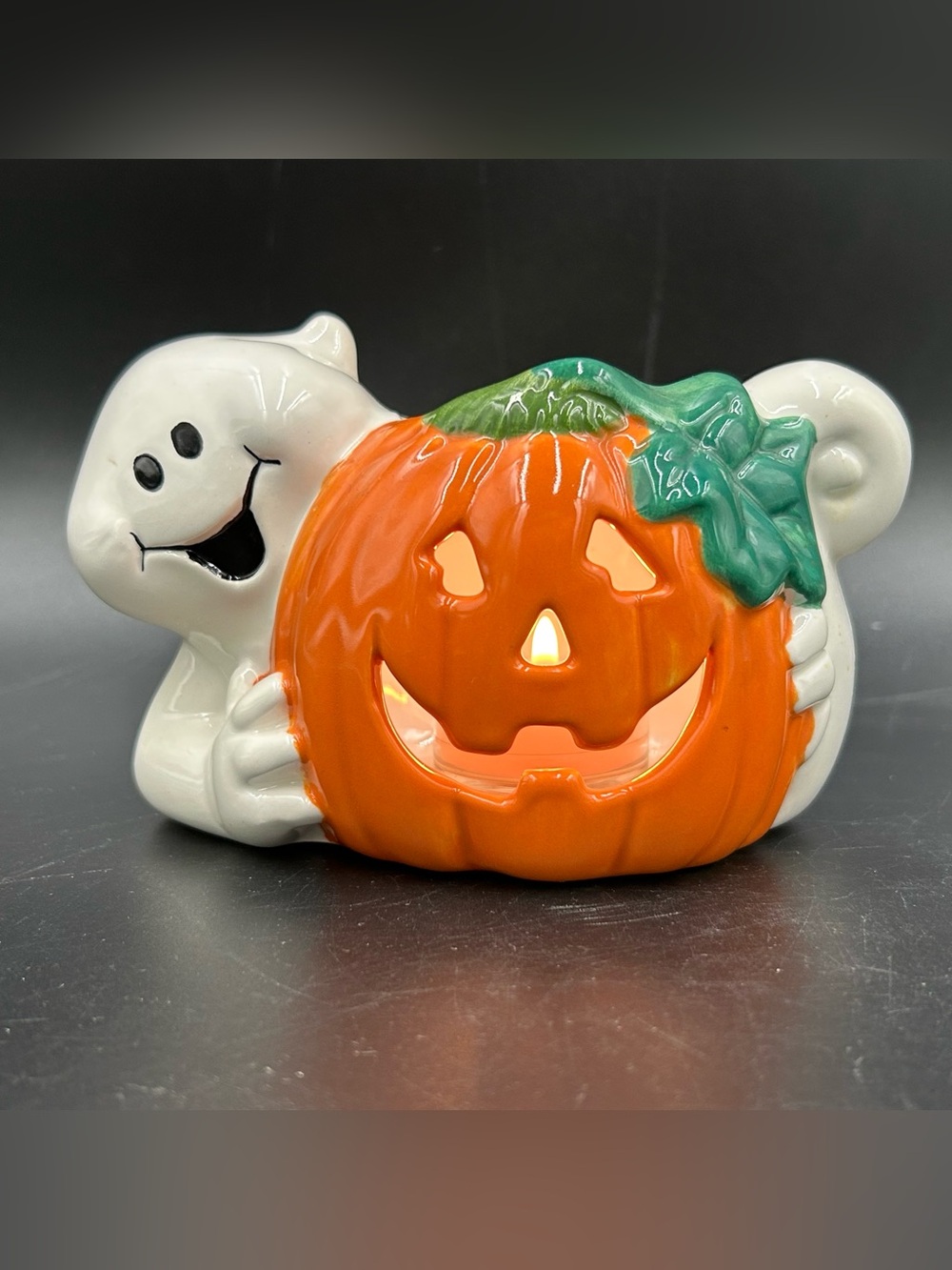 Vintage Ceramic Ghost Pumpkin Tealight Votive Holder Halloween Jack O Lantern